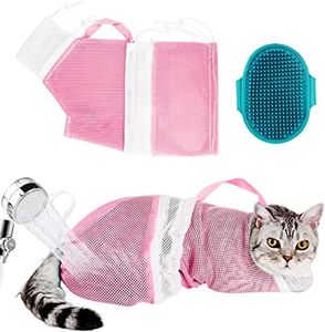 Cat Bag for Bathing Set with Cat Grooming Washing Bag Adjustable Pet Shower Brush - Cat Bathing Mesh Bag Anti Scratch Anti Bite Soft Durable for Cats & Dogs Restraint Grooming Nail Trimming Washing