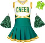 GRAJTCIN Girls Cheerleader Costume Kids Cheer Uniform Cheerleading Outfit Halloween Fancy Dress for 10-12 Years Hair Bow(150, Green)