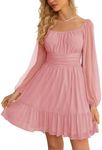 Wenrine Women's Mesh Long Sleeve Square Neck Dress High Waist A Line Ruffle Hem Flowy Casual Party Mini Dress Pink