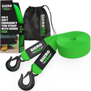 Rhino USA Tow Strap with Hooks (2 Inch x 20 Foot) Lab Tested 10,321lbs Break Strength - Heavy Duty Emergency Towing Straps with Forged Steel Hooks for Roadside Recovery - Not for Off-Road Recoveries