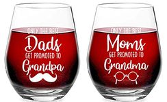 Only Best Mom and Dad Get Promoted - Glass for Grandma Grandpa - New Grandparents - 15 oz Stemless Wine Glass Set