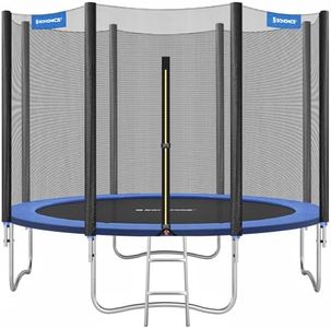 SONGMICS Trampolin Ø 366 cm, Gartentrampolin für Kinder mit Sicherheitsnetz, Randabdeckung, Leiter, 180 cm hohe gerade Stangen, Stahlrahmen, blau STR124V1