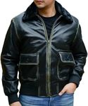 Jild Navy G-1 Real Leather Bomber Jacket Men with Removable Fur Collar - Vintage Flight Aviator Leather Jacket Men (Pilot-Blk.Rub-Custom)