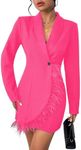 WDIRARA Women's Fuzzy Trim Wrap Button Front Long Sleeve Shawl Collar Blazer Dress Hot Pink Medium