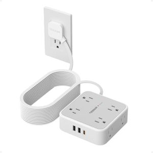 Flat Plug Long Extension Cord 25 Ft, TESSAN Power Strip Surge Protector with 8 Outlets 3 USB Ports (1 USB C), 900J Protection Desktop Charging Station for Home, Office, Dorm Room Essentials