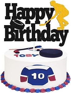 YOYMARR Hockey Cake Topper Hockey Player Figurines Happy Birthday Cake Decor for Kids Boys Girls Ice Hockey Sport Themed Party Supplies Black Sparkle Decorations Double Sided