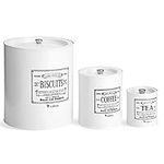 VUDECO White Kitchen Canisters Set of 3 for Kitchen Counter Farmhouse Kitchen Canisters for Countertop Flour and Sugar Metal Container with lid Cookie Jar Biscuit Coffee Tea Sugar Container Set