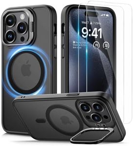 Lanhiem Cover per iPhone 15 PRO MagSafe con Cavalletto, con 2 Pezzi 9H Vetro Temperato, Magnetico Militare Antiurto Anticaduta Protezione, Custodia per iPhone 15 PRO Case, Traslucida Nero