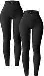 OQQ Women's 2 Piece Yoga Leggings Ribbed Seamless Workout High Waist Cross Over Athletic Exercise Leggings Black Black