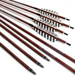 12pc 32 inch Wood Skin Carbon Arrows Spine 400 450 500 550 600 with 5" Real Feather for Longbow Compound Traditional Bow Hunting (Spine 500)