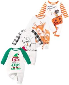MOSSRIVER Baby Rompers Girl Baby Girl Outfits 4 Pack Long Sleeve Bodysuit Snap Crotch Closure Cute Graphic Romper Toddler Boys Fall Clothes(Halloween Pumpkin 02,1-3 Months)