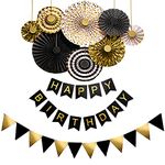 Rozi Decoration Birthday Decoration Paper Fan Hanging Set with Happy Birthday Banners and Pennant Banners , Black 10 Pieces