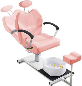 OKAKOPA Pedicure Station Chair W/Footrest and Foot Basin, 360 Swivel Reclining Pedicure Chair w/Hydraulic Adjustable Height and Headrest - Pink