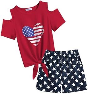 Arshiner Little Girls Summer 2 Pieces Outfits Casual 4th of July Clothes American Flag Print Tie Knot Tops & Shorts Sets 5-6Y