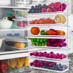 Porslin Pack of 6 1500ml Fridge Storage Boxes, Fridge Storage Containers Organiser - Removable Drain Plate, Fridge Containers for Storage Keeps Fruits, Vegetables, Meat, Fish Fresh Longer - Set of 6