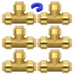 6 Pack 1/2" Push-to-Connect Plumbing Fittings, 1/2" Tee Plumbing Fitting with 1/2" Disconnect Clip, Lead Free Brass Pushfit Fittings for Copper, PEX, CPVC Pipe