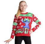 Disney Stitch Girls Knitted Christmas Jumper, Cosy Funny Xmas Sweater - Stitch Gifts for Girls (Red/Green, 7-8 Years)