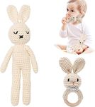 SYCAMORE EAST 2Pc Wooden Baby Bunny Rattle&Crochet Doll Plush Stuffed Rabbit Animals Toy For Newborn Baby 3 Months To 3 Year|100% Handmade Infant Soothe Toys For Sensory&Early Grips Thanksgiving Gift