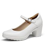 DREAM PAIRS Women's Chunky Low Block Heels Mary Jane Closed Toe Work Pumps Comfortable Round Toe Dress Wedding Shoes, White, 8