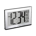 Marathon Atomic Wall Clock with Stand, Black Frame/Stainless Steel Finish - Large, 9-Inch Display - AM/PM or 24-Hour Time Format, Eight Time Zones & Indoor Temperature - Two AA Batteries Included