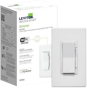 Leviton Decora Smart Dimmer Switch, Wi-Fi 2nd Gen, Neutral Wire Required, Works with Matter, My Leviton, Alexa, Google Assistant, Apple Home/Siri & Wired or Wire-Free 3-Way, D26HD-2RW, White