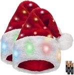 Winks Novelty Plush Santa Hat - Pack of 2 - Funny Christmas Hats for Kids & Adults with 20 Light Up, Color-Changing LED Lights and Batteries - Kid Size