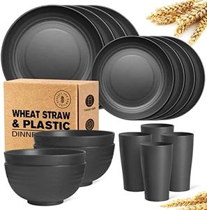 Teivio 16-Piece Kitchen Plastic Wheat Straw Dinnerware Set, Service for 4, Dinner Plates, Dessert Plate, Cereal Bowls, Cups, Unbreakable Plastic Outdoor Camping Dishes, Black