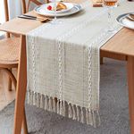 LOMOHOO Linen Table Runner with Handmade Tassel,Embroidered Farmhouse Style Table Runners 94‘’ Long for Party Dining Table Decor Room Decorations,240x33cm