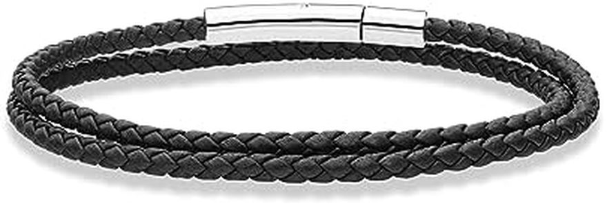 Miabella Genuine Italian Double Wrap Braided Leather Bracelet for Men Women, Stainless Steel Clasp, Made in Italy (Black, Small - 7" Length)
