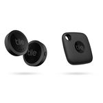 Tile Sticker (2022) Bluetooth Item Finder, Pack of 2, 45 m finding range, works with Alexa and Google Home, Black & Mate (2022) Bluetooth Item Locator, 60m Range, Black, Pack of 1