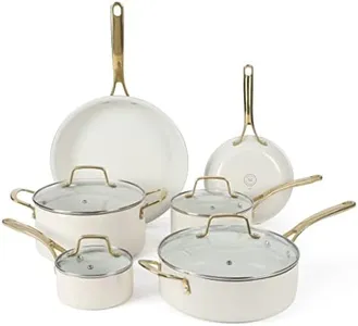 Martha Stewart Lockton Nonstick Ceramic Interior 10 Piece Enamel Auminum Cookware Set - Linen w/Gold Handle