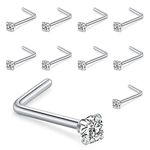 Liuxn 10 Piece Curved Nose Stud Steel Nose Ring Cubic Zirconia L Bend Bar Piercing Jewelry, 20 Gauge