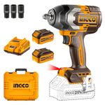 Ingco Cordless Impact Wrench, Nut-Busting Torque1000Nm, Brushless Motor 1/2 Inch 20V Battery Impact Gun with 2 PCS 4.0 Ah Battery Packs and Charger