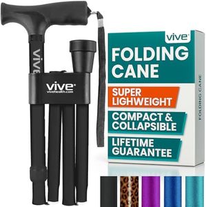 Vive Folding Cane - Foldable Walking Cane for Men, Women - Fold-up, Collapsible, Lightweight, Adjustable, Portable Hand Walking Stick - Balancing Mobility Aid - Sleek, Comfortable T Handles (Black)