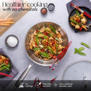 nuovva Stainless Steel Non-Stick Wok – 28cm Induction Stir Fry Pan with Glass Lid