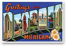 GREETINGS FROM DETROIT, MI vintage reprint postcard set of 20 identical postcards. Large Letter Detroit, Michigan city name post card pack (ca. 1930's-1940's). Made in USA.