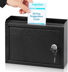 KYODOLED Suggestion Box with Lock and Slot, Small Locking Mailbox for Office, Safe Key Drop Box for Money, Wall Mount Donation Box Ballot Box with 50 Free Suggestion Cards,9.8" W x 3" D x 7" H, Black