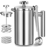 WORBIC French Press, 50 Ounce Double-Wall Insulated Coffee French Press, 3 Level Filtration System Stainless Steel French Press with 3 Extra Filter Screens, Large French Press