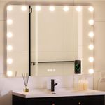 YITAHOME 32 x 24 LED Bathroom Mirror with Lights, Lighted Wall Mirror Bathroom Vanity Mirror with Bluetooth Speaker, Wireless Charger, USB & Type-C Charging Port, Dimmable Bulbs, Memory Function