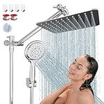 COSYLAND 10'' Rainfall Stainless Steel Fixed Shower Head/Handheld Showerheads Combo 5 Settings with Extension Arm Height/Angle Adjustable, High Pressure Anti-Leak, Chrome