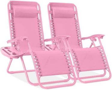 Best Choice Products Set of 2 Adjustable Steel Mesh Zero Gravity Lounge Chair Recliners w/Pillows and Cup Holder Trays - Carnation