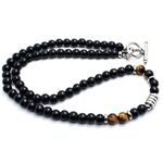 Textiles 4 Home Men’s Black Onyx Beaded Necklace T-Bar Chain Natural Chakra Crystal Jewellery Surfer Necklace Tigers Eye, Grey Jasper Gift Boxed (Tigers eye)