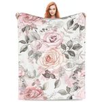 Turamurra Floral Rose Blanket Gifts for Women Girls Soft Warm Lightweight Cozy Pink Grey Watercolor Flower Throw Blankets for Bed Sofa Living Room Couch Home Decor 50"x60"