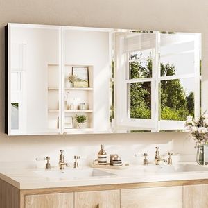 TETOTE 64 x 32 Medicine Cabinet with Tempered Beveled Mirror Black Aluminum Cabinet DTC Hinges, Stepless Adjustable Shelves, Recessed/Surface-Mounted