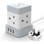 Cube Extension Lead 4M Baykul 4 Way Extension Plug Cable with 3 USB Ports (5V/2.4A) Power Strip Multi Plug Extension Cord for Home Office Travel Dorm Room