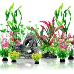 QUOZUO Fish Tank Accessories Aquarium Plants, 12pcs Colorful Fish Tank Artificial Plants and Cave Rock Decor Set, Aquarium Decorations Plants