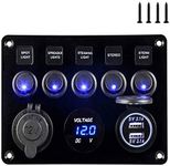 5 Gang Marine Boat Rocker Switch Panel, Waterproof Boat Toggle Switches Panel with 4.2A Dual USB Charger Socket + LED Voltmeter + 12V Power Outlet for RV Car Boat Truck Camper Vehicles GPS