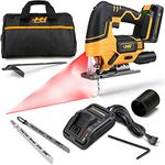 MOTORHEAD 20V ULTRA Cordless Jig Saw, Lithium-Ion, LED, Laser & Edge Guide, 0-45° Bevel, .80” Stroke, 2700 SPM, Variable Speed, Tool-Free Blade Change, 2Ah Battery, Charger, Bag, 3 Blades, USA-Based