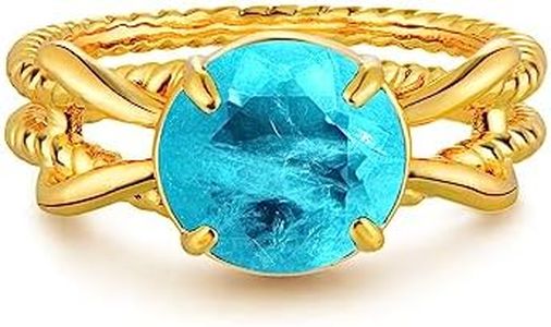 GNIRTSI Gold Simulated Paraiba Ring for Women Solitaire 8MM Round Cut 14K Gold Plated Minimalist Stack Knot Enhancer Guard Twisted Band Finger Jewelry Size 8