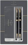 Parker Sonnet Duo Gift Set With Ballpoint Pen & Fountain Pen (18K Gold Nib), Gloss Black With Gold Trim, Black Refill & Cartridges, Gift Box